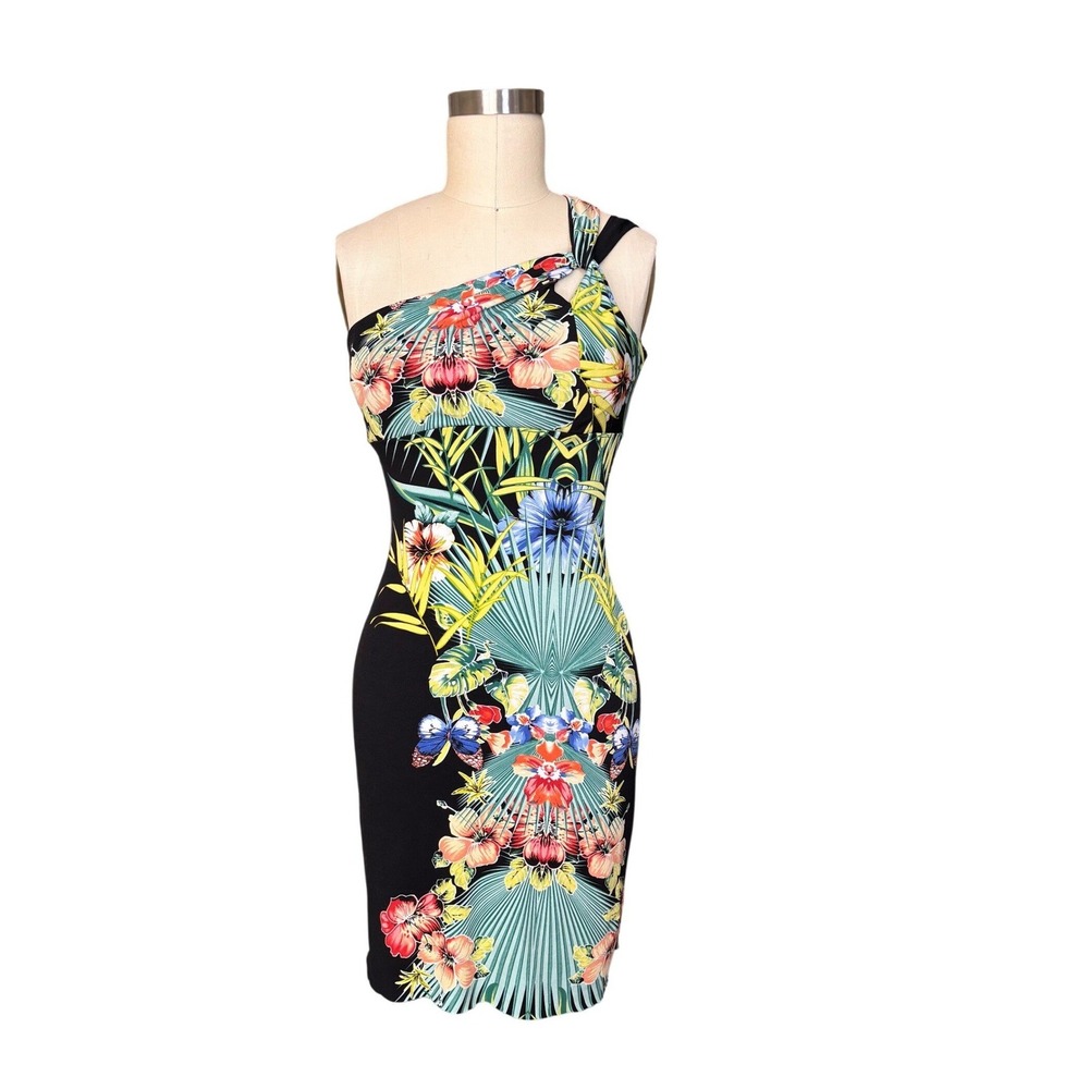 Tropical Tiki Floral Garden Tea Party Cache Midi Dress Bodycon Medium Black